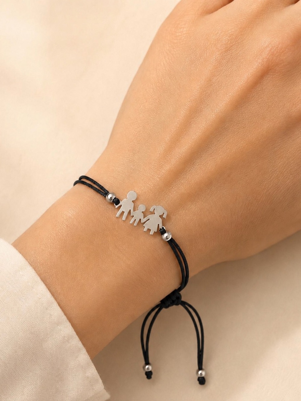 Silver Kids Family Charm Black Cord Bracelet